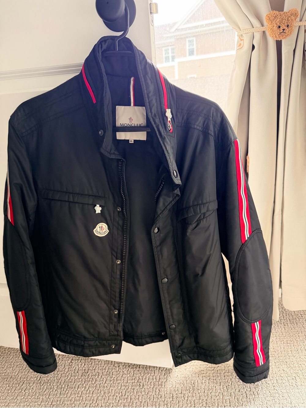 Moncler Black Performance Jacket with Red and White Stripe Accents